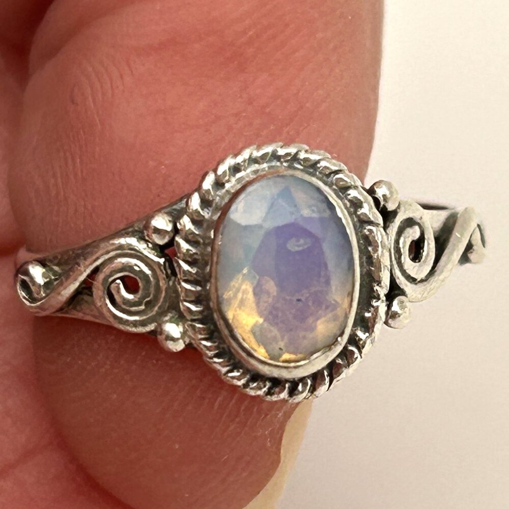925 Sterling Silver Rainbow Stone Ring Size 5.5 Artisan Scroll Design